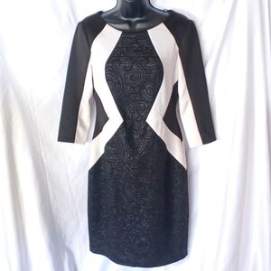 Chaya White & Black Textured geometric 3/4 sleeve dress